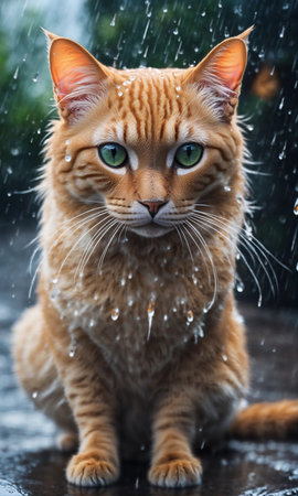 Cute ginger cat with green eyes sitting in the rain on rainy dayの素材