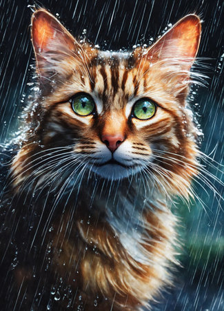 Cute cat with green eyes in the rain. Animal portrait.の素材