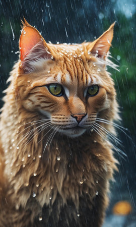 Portrait of a red Maine Coon cat in the rain.の素材