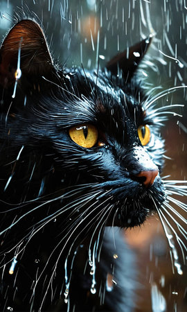 Portrait of a black cat with yellow eyes in the rain.の素材