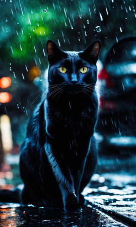 Black cat with yellow eyes sitting on the street in the rain.の素材
