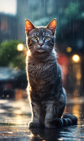 Cute tabby cat sitting on the wet street in rain.の素材