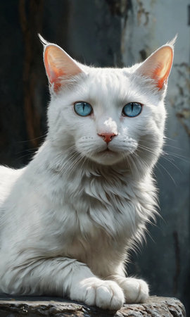Portrait of a white cat with blue eyes on a gray backgroundの素材