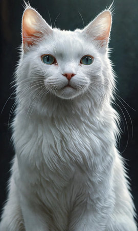 Portrait of a white cat with blue eyes on a black backgroundの素材