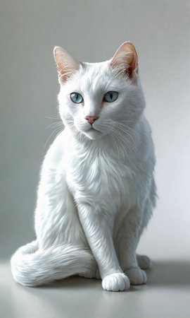 White cat with blue eyes sitting on a gray background with copy spaceの素材