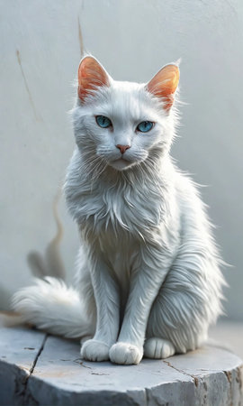 Beautiful white cat with blue eyes sitting on a wooden table.の素材