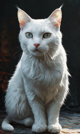 Portrait of a white cat with blue eyes sitting on a dark backgroundの素材