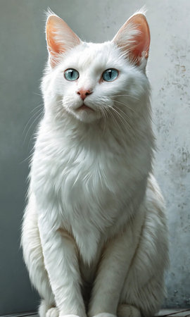 Portrait of a white cat with blue eyes on a gray backgroundの素材