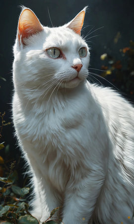 Close-up portrait of a white cat with green eyes on a black backgroundの素材