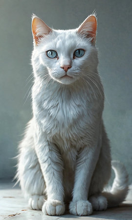 White cat with blue eyes on a gray background. Portrait.の素材