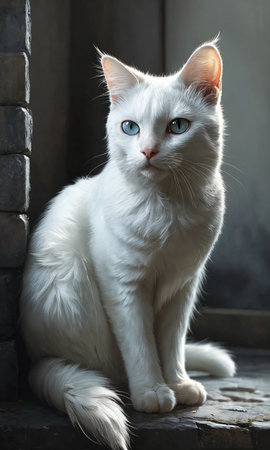 Portrait of a beautiful white cat with blue eyes on a black backgroundの素材