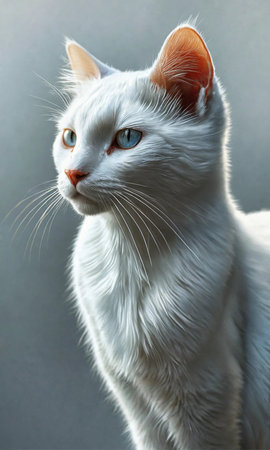Portrait of a white cat with blue eyes on a gray backgroundの素材