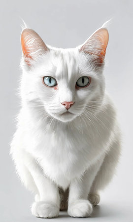 White cat with blue eyes sitting on white background. Studio shot.の素材