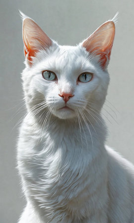 Portrait of a white cat with blue eyes on a gray backgroundの素材