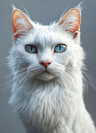 Portrait of a white cat with blue eyes on a gray backgroundの素材