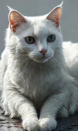 Portrait of a white cat with green eyes on a gray backgroundの素材