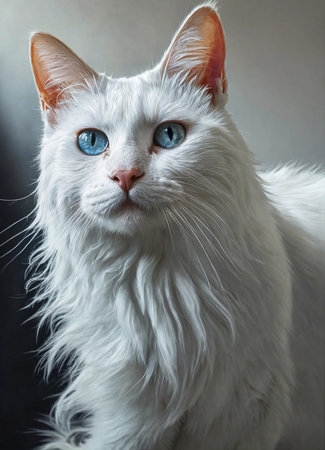 Portrait of a white cat with blue eyes on a dark backgroundの素材