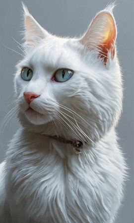 Portrait of a white cat with blue eyes on a gray backgroundの素材