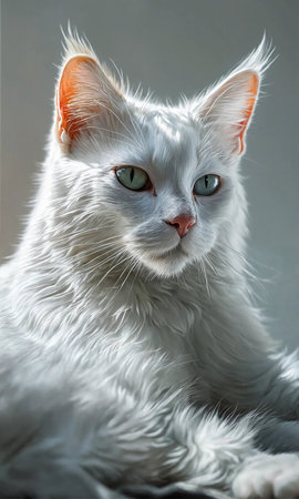 Portrait of a white cat with blue eyes on a gray backgroundの素材