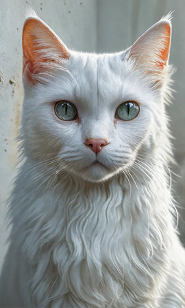 Portrait of a white cat with blue eyes on a gray backgroundの素材