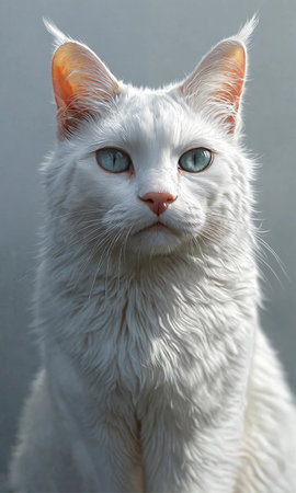 Portrait of a white cat with blue eyes on a gray backgroundの素材