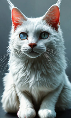 Portrait of a white cat with blue eyes on a gray backgroundの素材