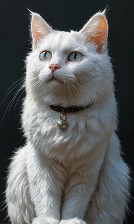 White cat with blue eyes on a black background, close-upの素材