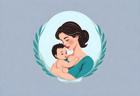 Mother holding her baby in her arms. Vector illustration of motherhood.の素材
