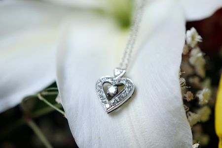 Close up to diamond heart shaped necklace on flower petalの写真素材