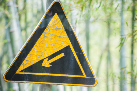 Yellow road sign in green bamboo forest. closeup