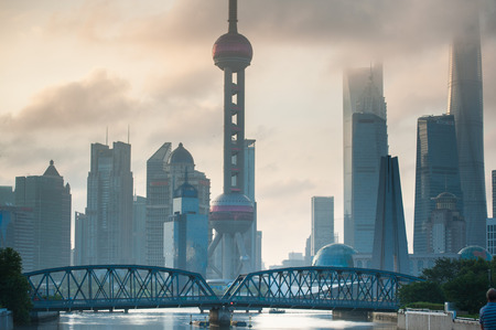 Shanghai Skyline in morning light. View on bussines centre.のeditorial素材