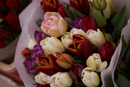 The bouquet of the beautiful tulips during springの写真素材