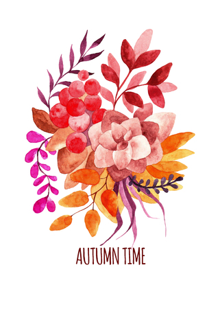 Watercolor vector autumn bouquet, hand-drawn picture of autumn branches in bright orange and red colors, for your personal design, floral logo, for cardsのイラスト素材