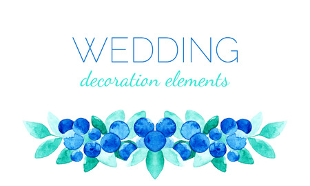 Watercolor vector decoration elements with leaves and berries in blue and green colors for wedding cards, for logo designのイラスト素材