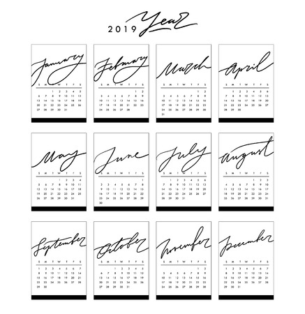 Stylish 2019 calendar template with hand drawn lettering.のイラスト素材