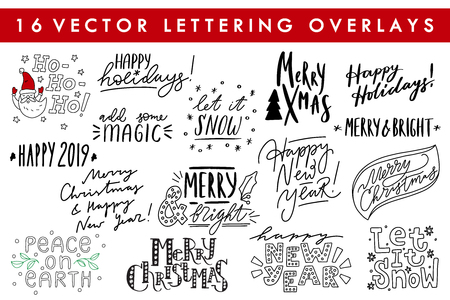 Collection of hand drawn vector lettering quote for Christmas and New Year cards and decor, isolated on white background.のイラスト素材