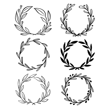 Collection of hand drawn vector floral wreath with leaves. Circle frame wreaths for logo design, for wedding invitations, for emblem.のイラスト素材