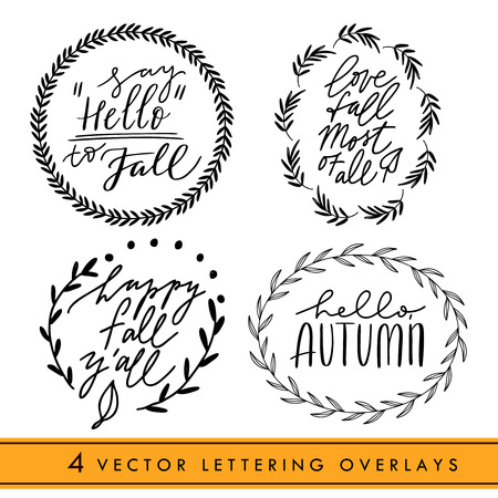 Set of handwritten autumn season inscriptions with vector floral wreaths. Vector hand lettering Love fall, hello fall. Modern brush calligraphy isolated on white.のイラスト素材