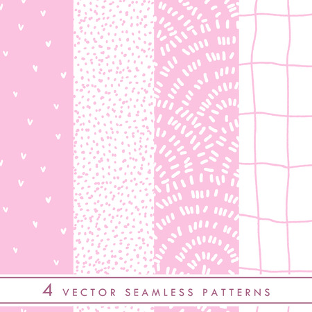 Collection of cute vector seamless patterns in pink and white colors. Minimalism style ornament for children and girls textile.のイラスト素材