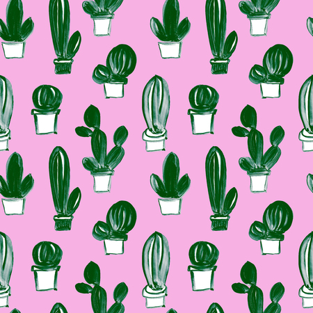 Seamless hand drawn artistic pattern with cacti in naive childlike style on pink background. Gouache and watercolor painting of succulents.の写真素材