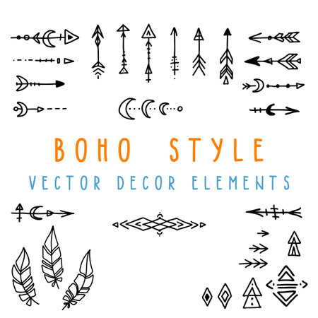 Set of hand drawn vector design elements in boho and esoteric style. Collection of vector arrows and feathers for design, for tattoo, prints in bohemian style.のイラスト素材