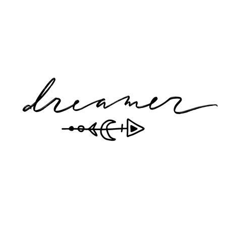 Hand drawn vector lettering quote isolated on the white background, boho style. Hand written overlay words dreamer.のイラスト素材