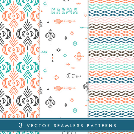 Collection of vector seamless hand drawn pattern in boho style with ethnic decoration. Bohemian chic trendy arrows vector ornament.のイラスト素材