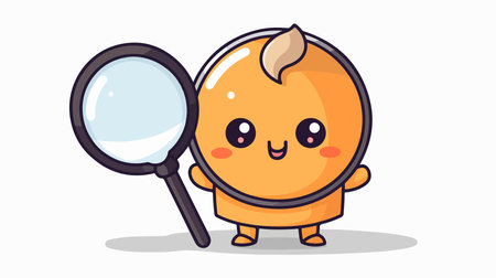 Kawaii orange character holding a magnifying glass. Vector.のイラスト素材