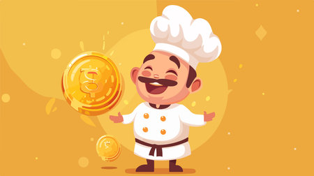 Chef with gold coin. Cartoon illustration of chef with gold coin vector mascot for web designのイラスト素材