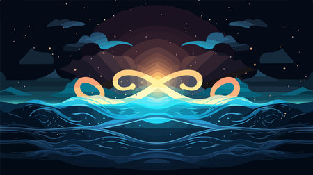 Vector illustration of a sea landscape with waves, stars and fish.のイラスト素材