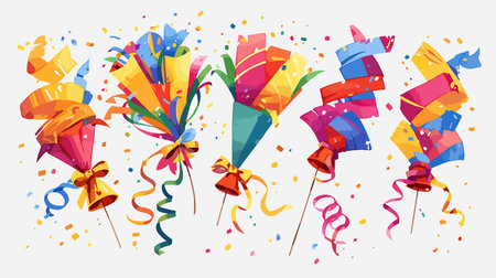 Vector illustration of colorful party poppers with confetti and streamers.のイラスト素材