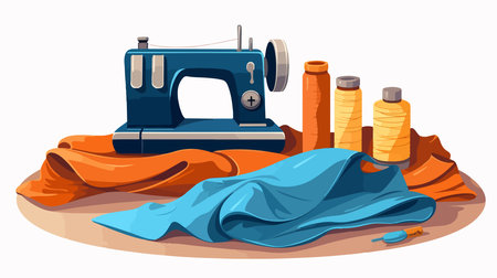 Sewing machine with fabric and sewing accessories. Vector illustration.のイラスト素材
