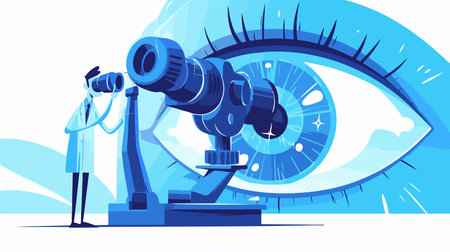 Scientist with microscope looking at eye. Vector illustration in flat styleのイラスト素材