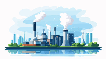 Industrial landscape with power plant and river. Vector flat illustration.のイラスト素材